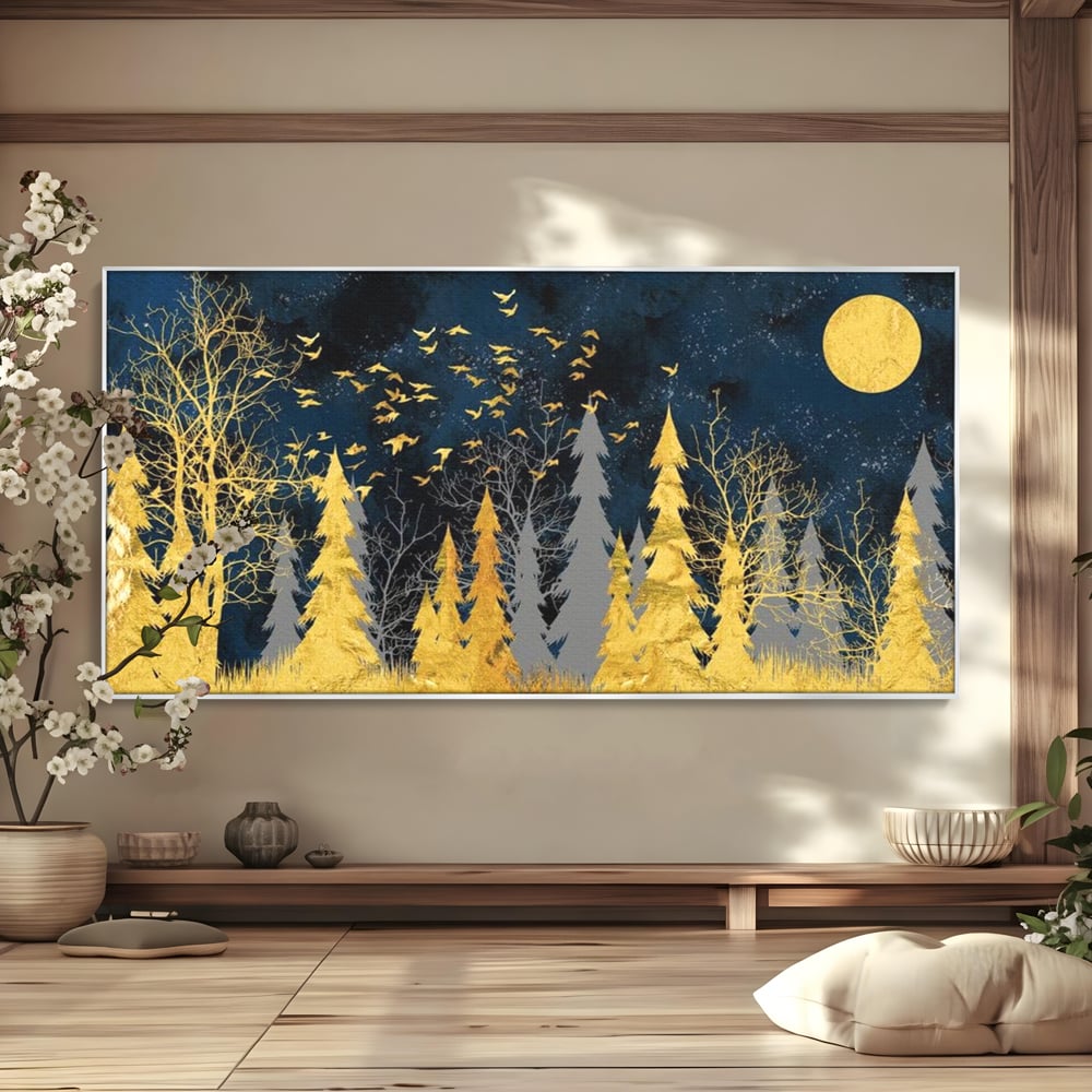 Tablou canvas cu tablou canvas cu padure aurie noaptea, in rama de aluminiu argintiu